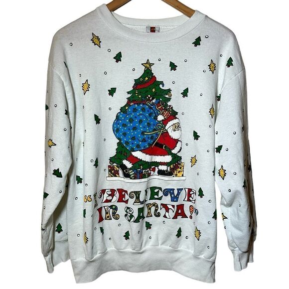 Vintage 90s Holiday Time I Believe In Santa All Over Print White Sweatshirt LG - Picture 1 of 4
